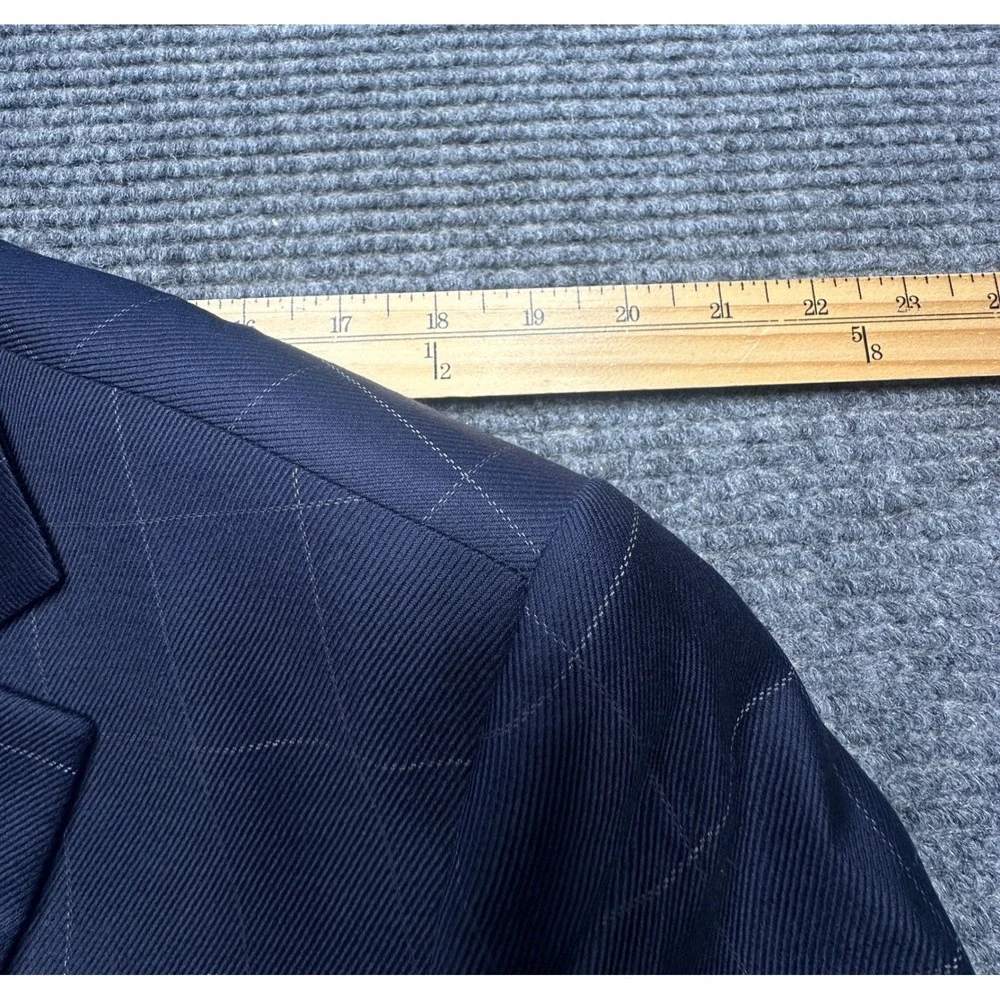 Paul Fredrick Sport Coat Mens 44R Navy Blue Windowpane Plaid Wool